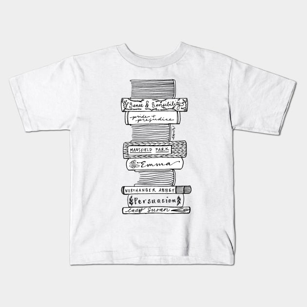 Jane Austen's Novels Kids T-Shirt by BiblioartsbyEmma